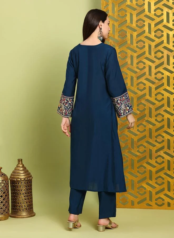 globus Women Navy Blue Floral Sequin Embroidered Kurta with Pants Set